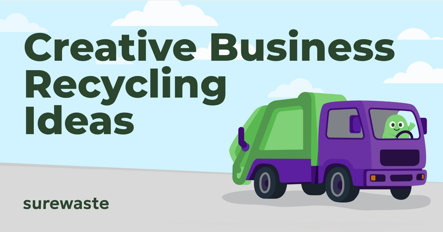 Illustration of a recycling lorry driven by a smiling green mascot, with text reading “Creative Business Recycling Ideas” and the Surewaste logo.