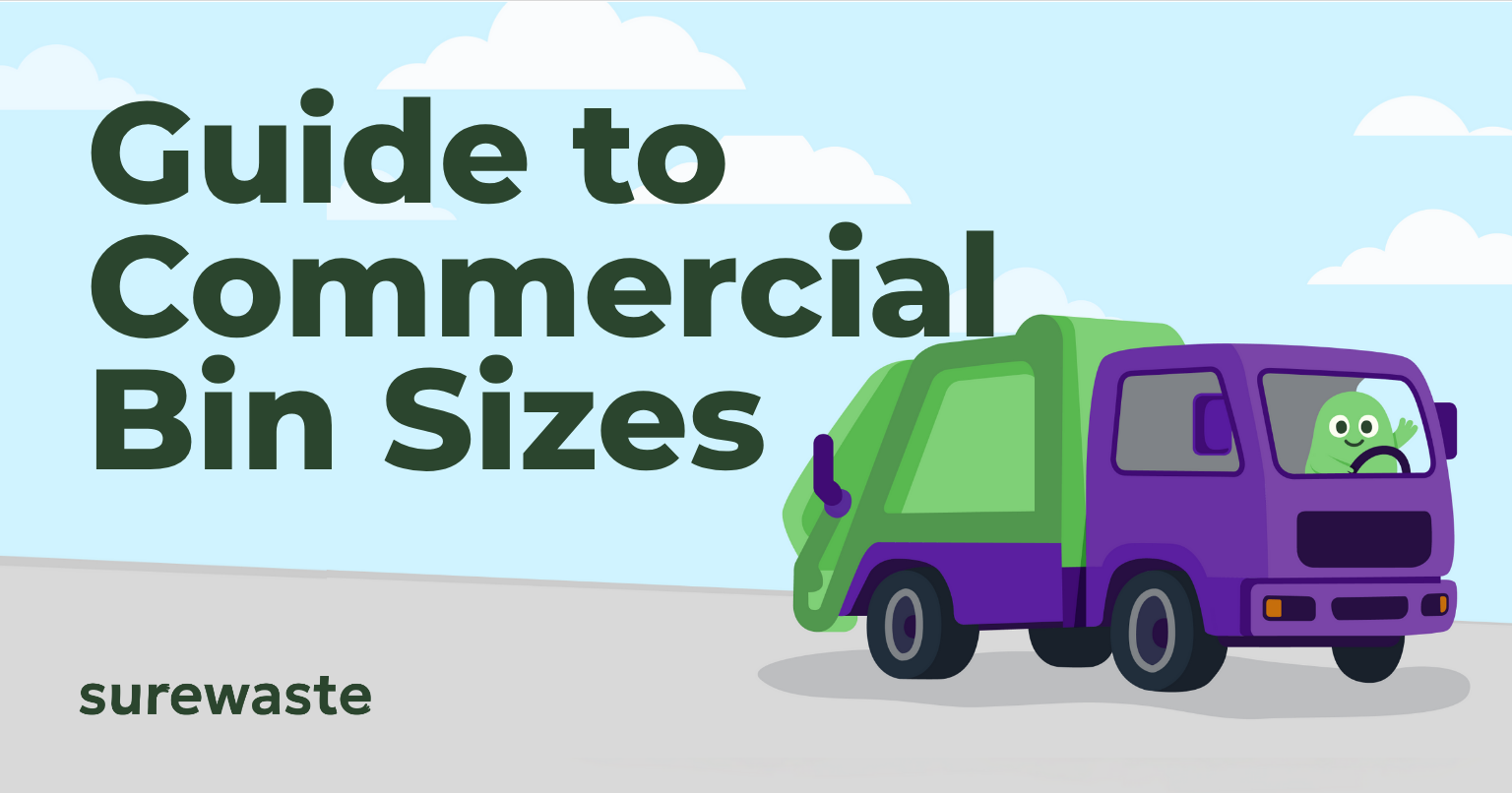 Illustration of a green and purple waste lorry driven by a waving mascot, next to the title “Guide to Commercial Bin Sizes” and Surewaste branding.