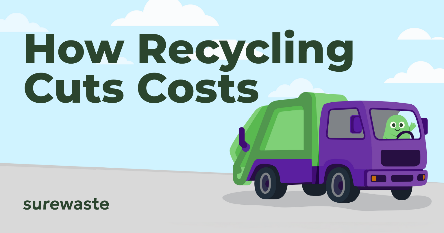 Illustration of a green and purple recycling lorry driven by a waving green mascot, alongside the heading “How Recycling Cuts Costs” and Surewaste branding.