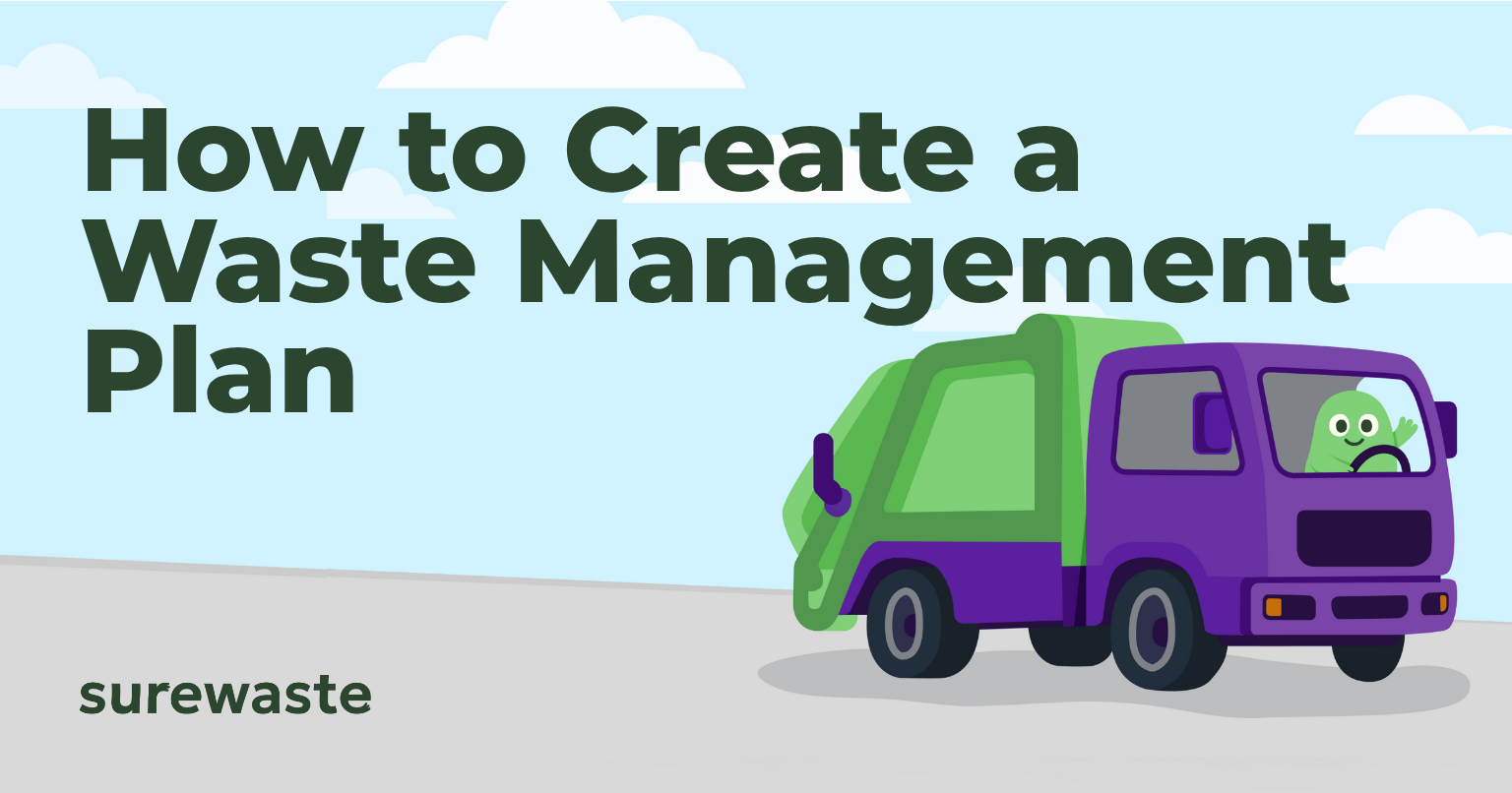 Illustration of a green and purple waste lorry driven by a smiling mascot, with the heading “How to Create a Waste Management Plan” and Surewaste branding.