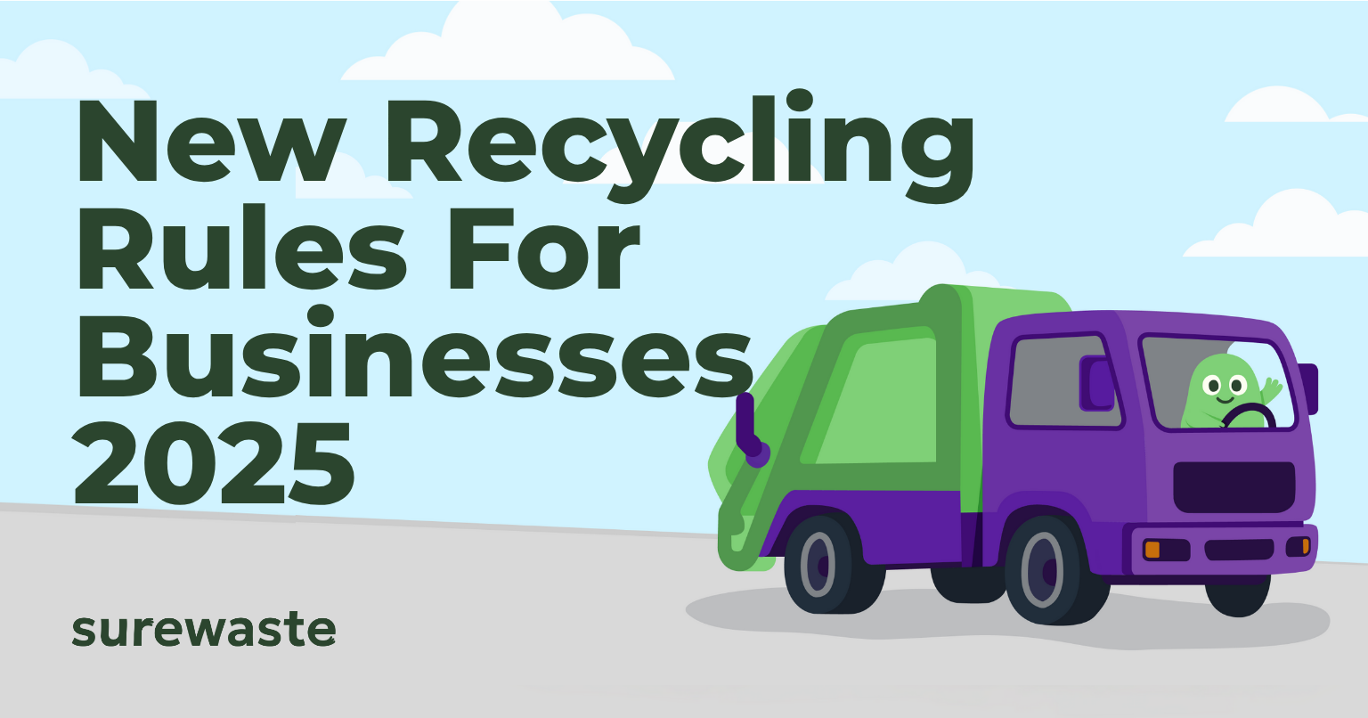 Illustration of a green and purple recycling lorry driven by a smiling green mascot, next to the heading “New Recycling Rules For Businesses 2025” with Surewaste branding.