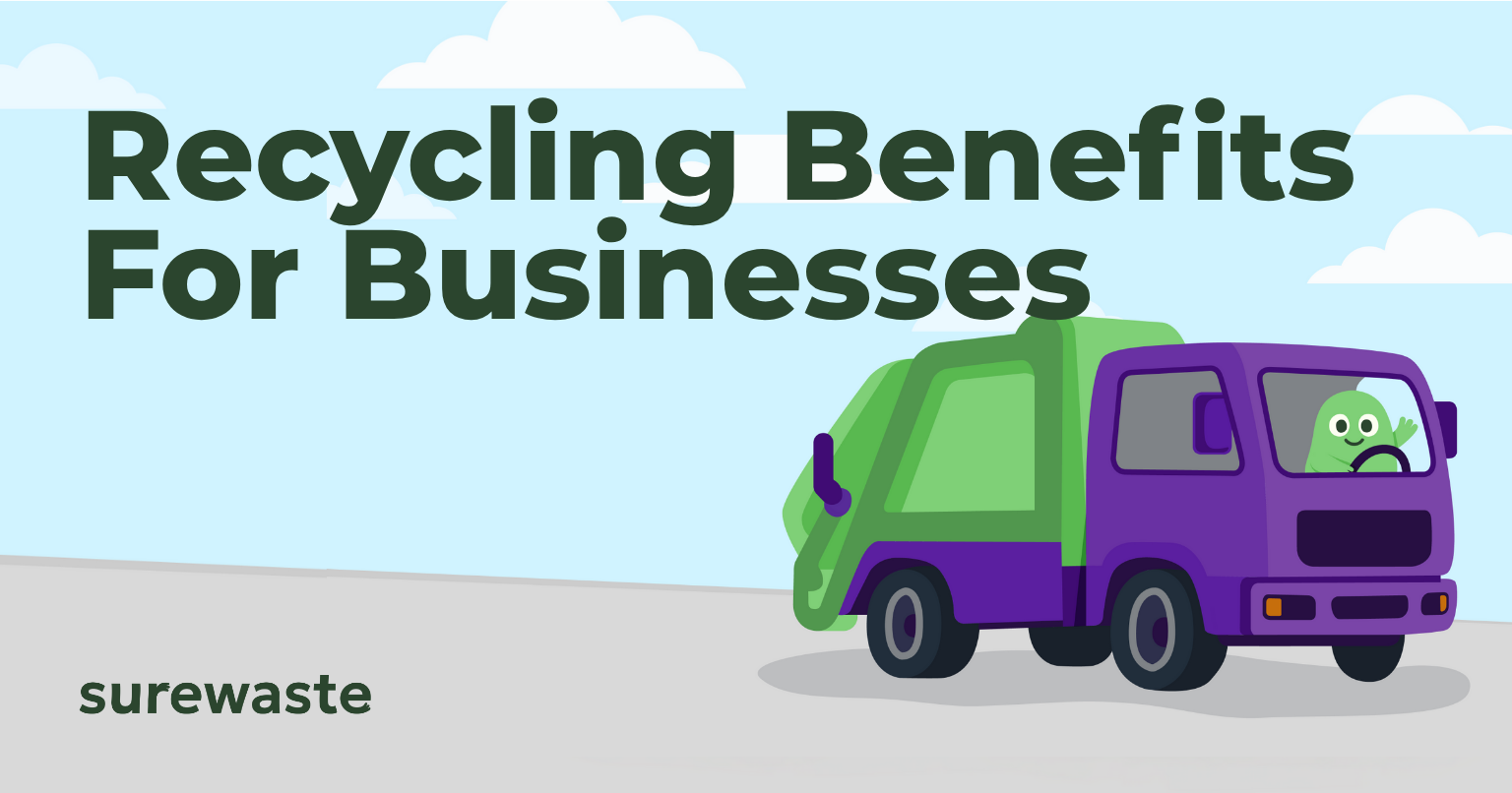 Illustration of a green and purple recycling lorry driven by a smiling mascot, next to the heading “Recycling Benefits For Businesses” and Surewaste branding.