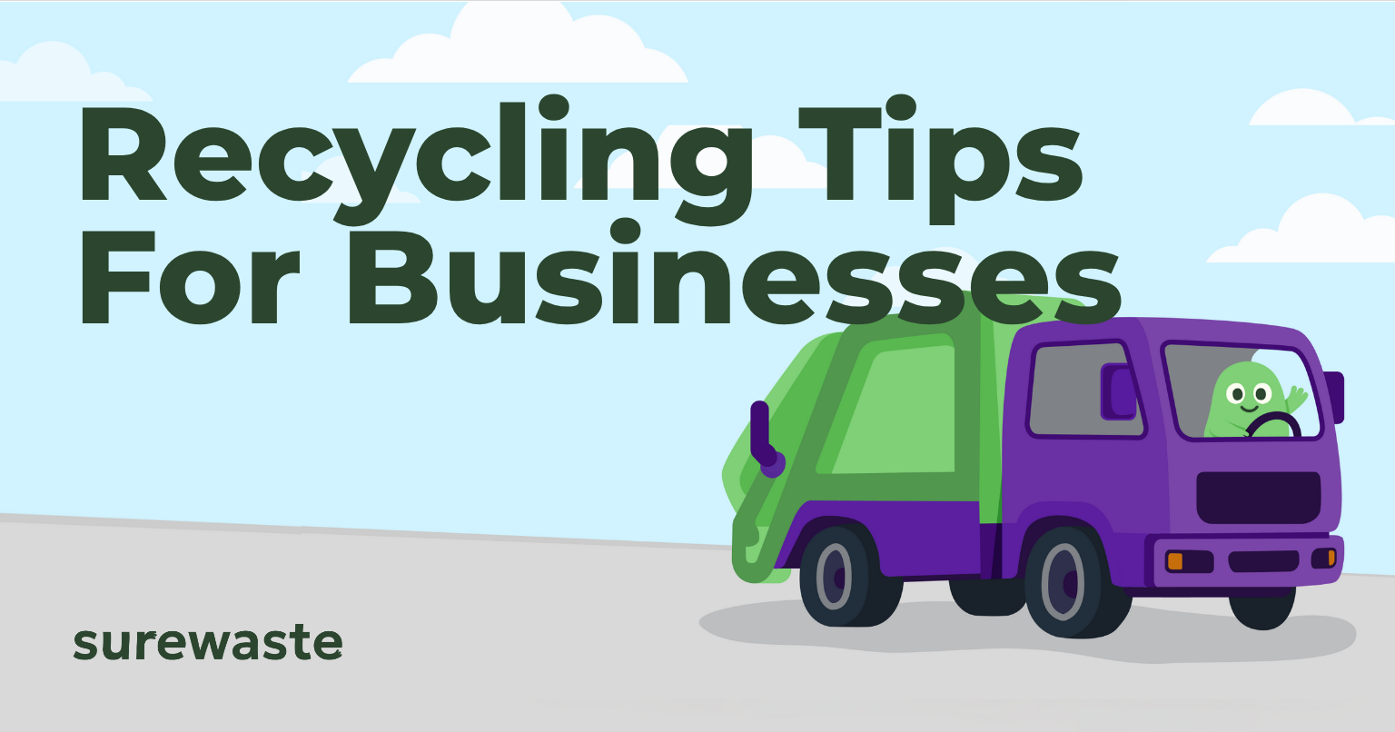 Illustration of a green and purple recycling lorry driven by a waving green mascot, next to the heading “Recycling Tips For Businesses” and Surewaste branding.