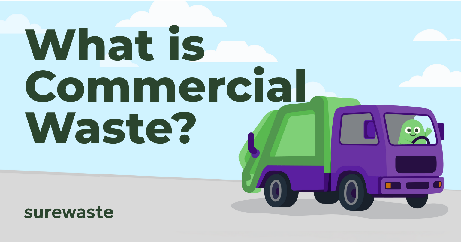 Illustration of a green and purple waste lorry driven by a smiling mascot, next to the heading “What is Commercial Waste?” with Surewaste branding.